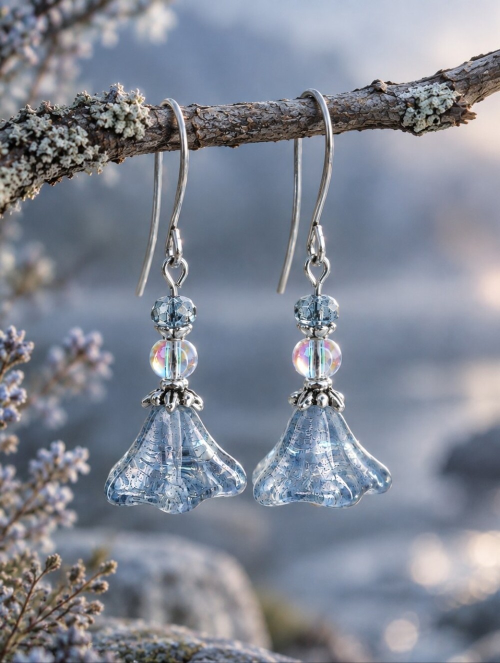 Blue Czech Glass Flower Earrings AB Crystal Silver Hand Crafted